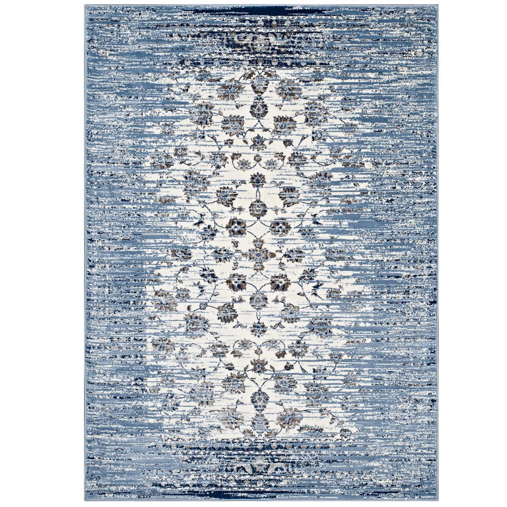 Chiara Distressed Floral Lattice Contemporary 8x10 Area Rug in Moroccan Blue and Ivory