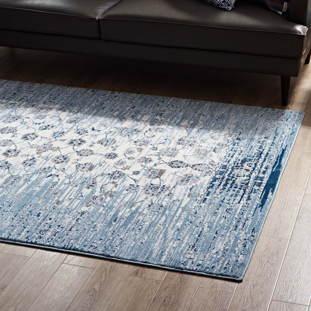 Chiara Distressed Floral Lattice Contemporary 8x10 Area Rug in Moroccan Blue and Ivory