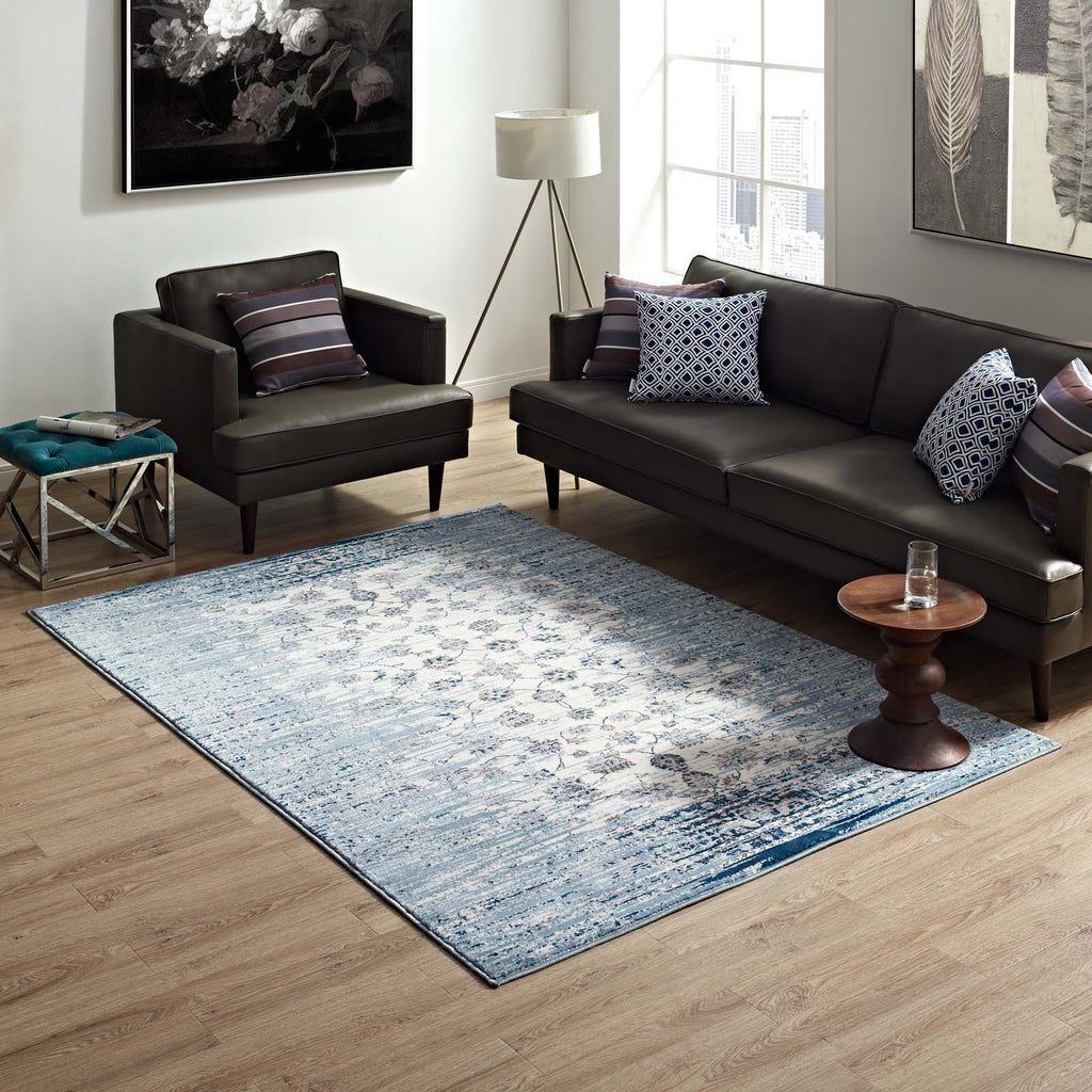 Chiara Distressed Floral Lattice Contemporary 8x10 Area Rug in Moroccan Blue and Ivory