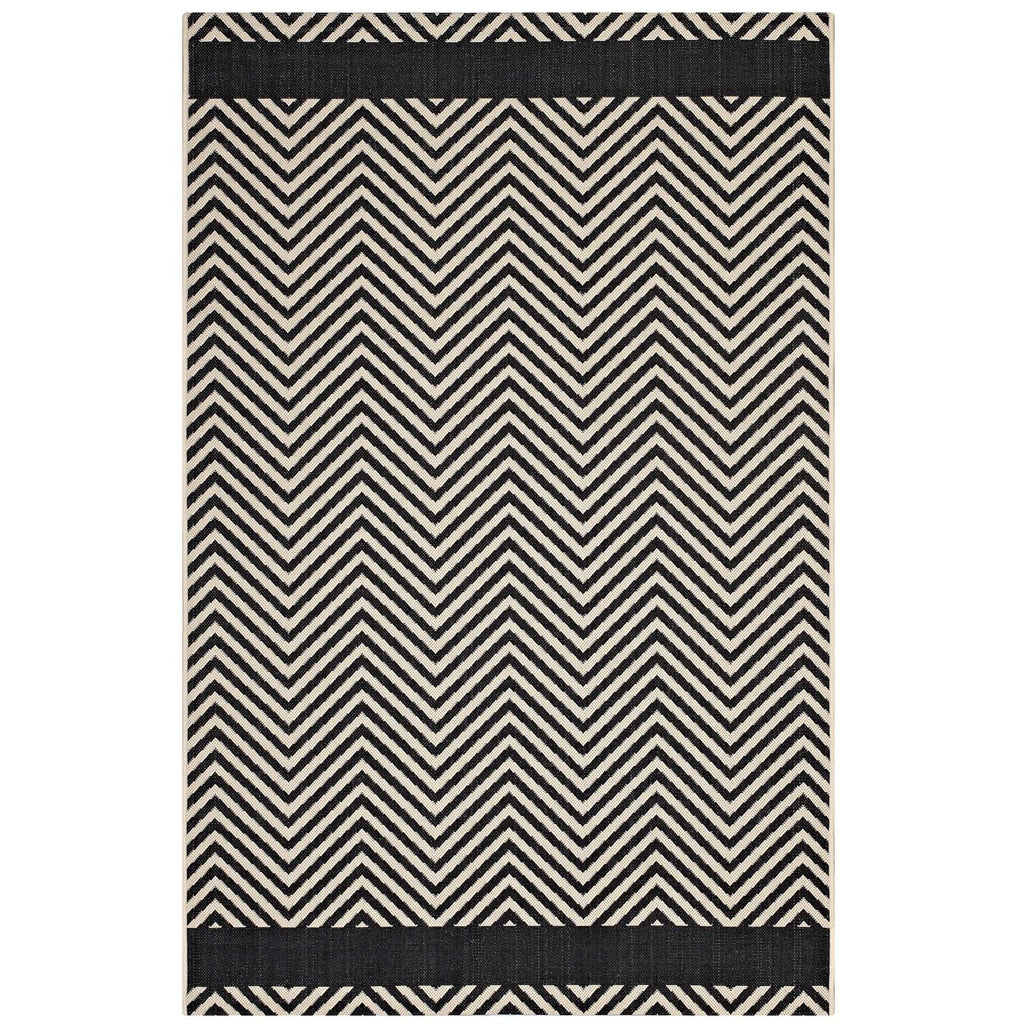 Optica Chevron With End Borders 5x8 Indoor and Outdoor Area Rug in Black and Beige
