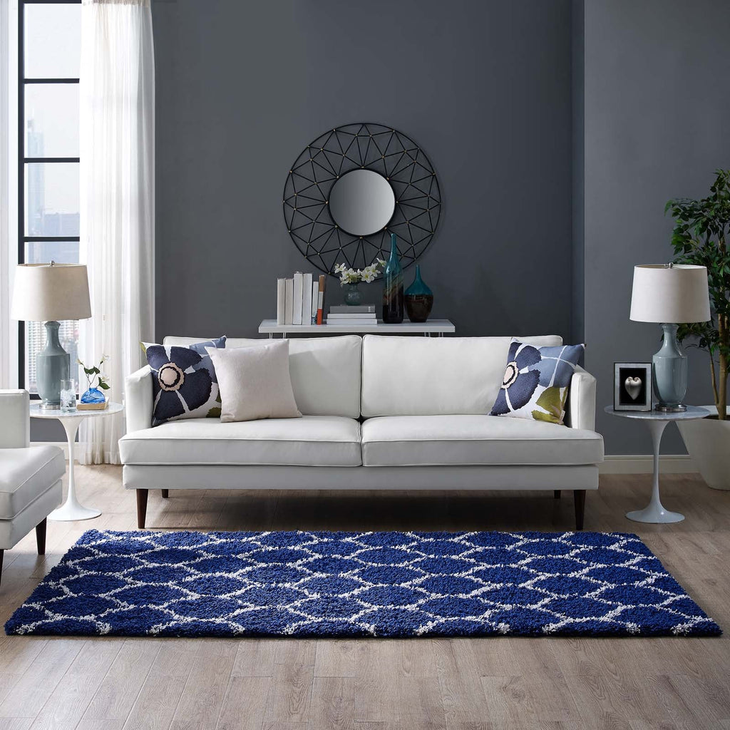 Solvea Moroccan Trellis 5x8 Shag Area Rug in Navy and Ivory