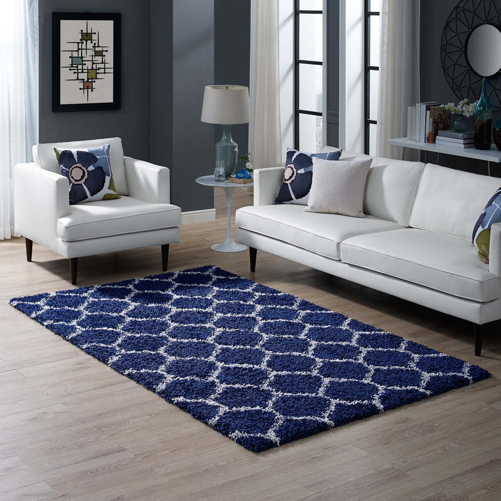 Solvea Moroccan Trellis 5x8 Shag Area Rug in Navy and Ivory