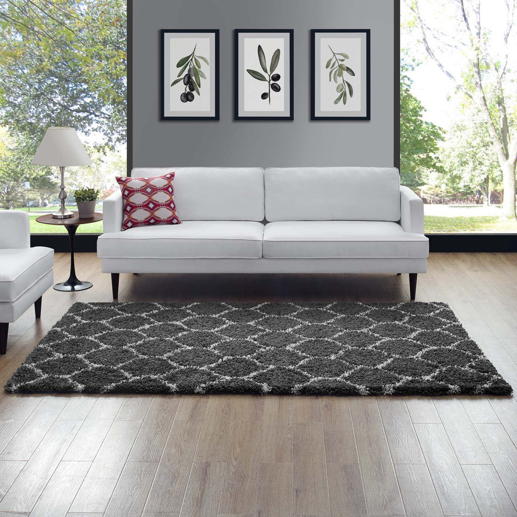 Solvea Moroccan Trellis 5x8 Shag Area Rug in Dark Gray and Ivory