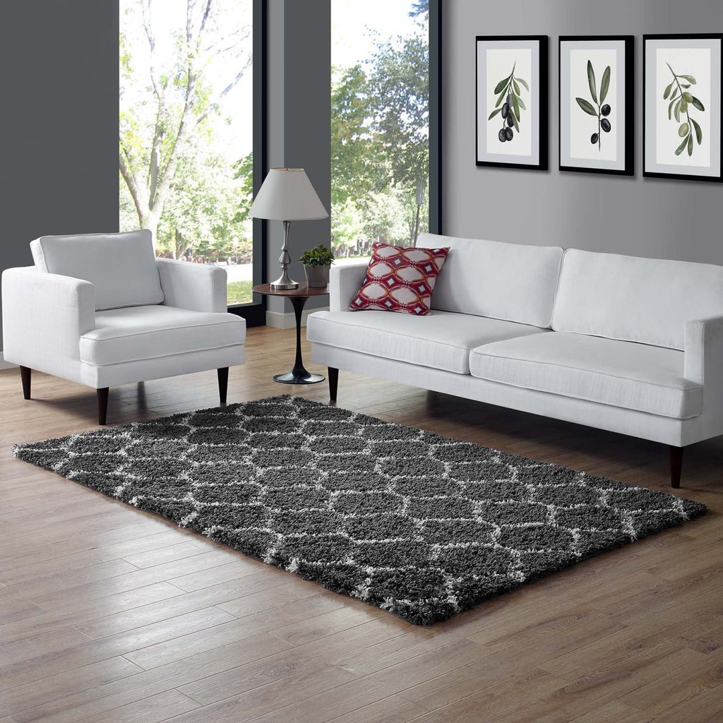 Solvea Moroccan Trellis 5x8 Shag Area Rug in Dark Gray and Ivory