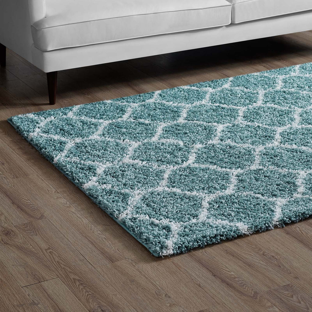 Solvea Moroccan Trellis 5x8 Shag Area Rug in Aqua Blue and Ivory