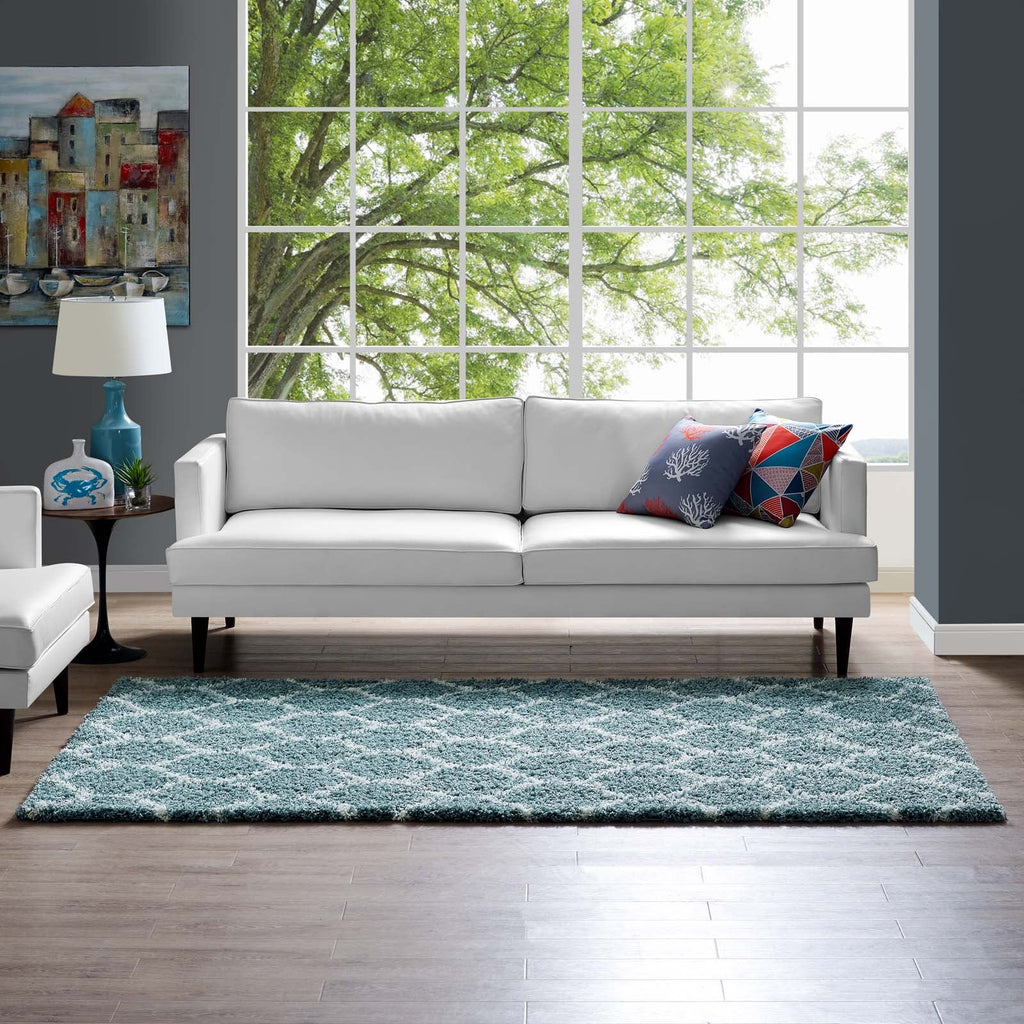 Solvea Moroccan Trellis 5x8 Shag Area Rug in Aqua Blue and Ivory