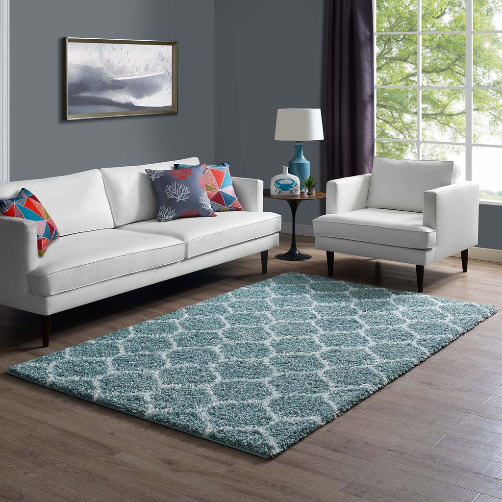 Solvea Moroccan Trellis 5x8 Shag Area Rug in Aqua Blue and Ivory