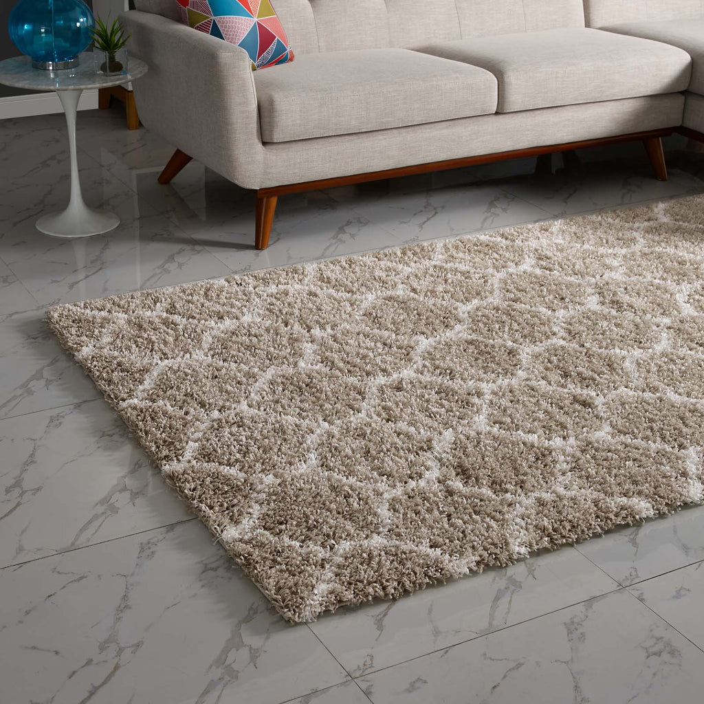 Solvea Moroccan Trellis 5x8 Shag Area Rug in Beige and Ivory