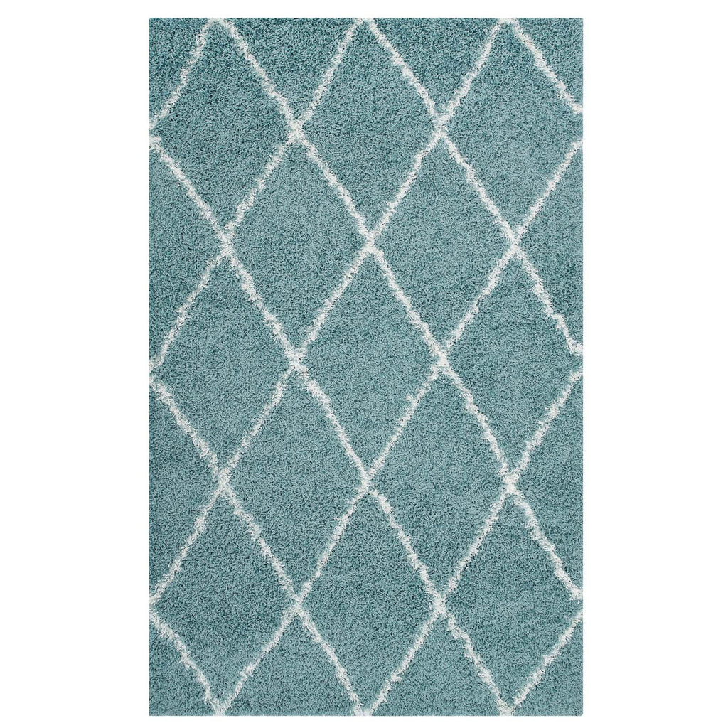 Toryn Diamond Lattice 5x8 Shag Area Rug in Aqua Blue and Ivory