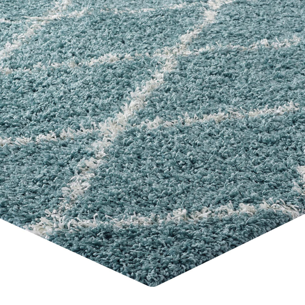 Toryn Diamond Lattice 5x8 Shag Area Rug in Aqua Blue and Ivory