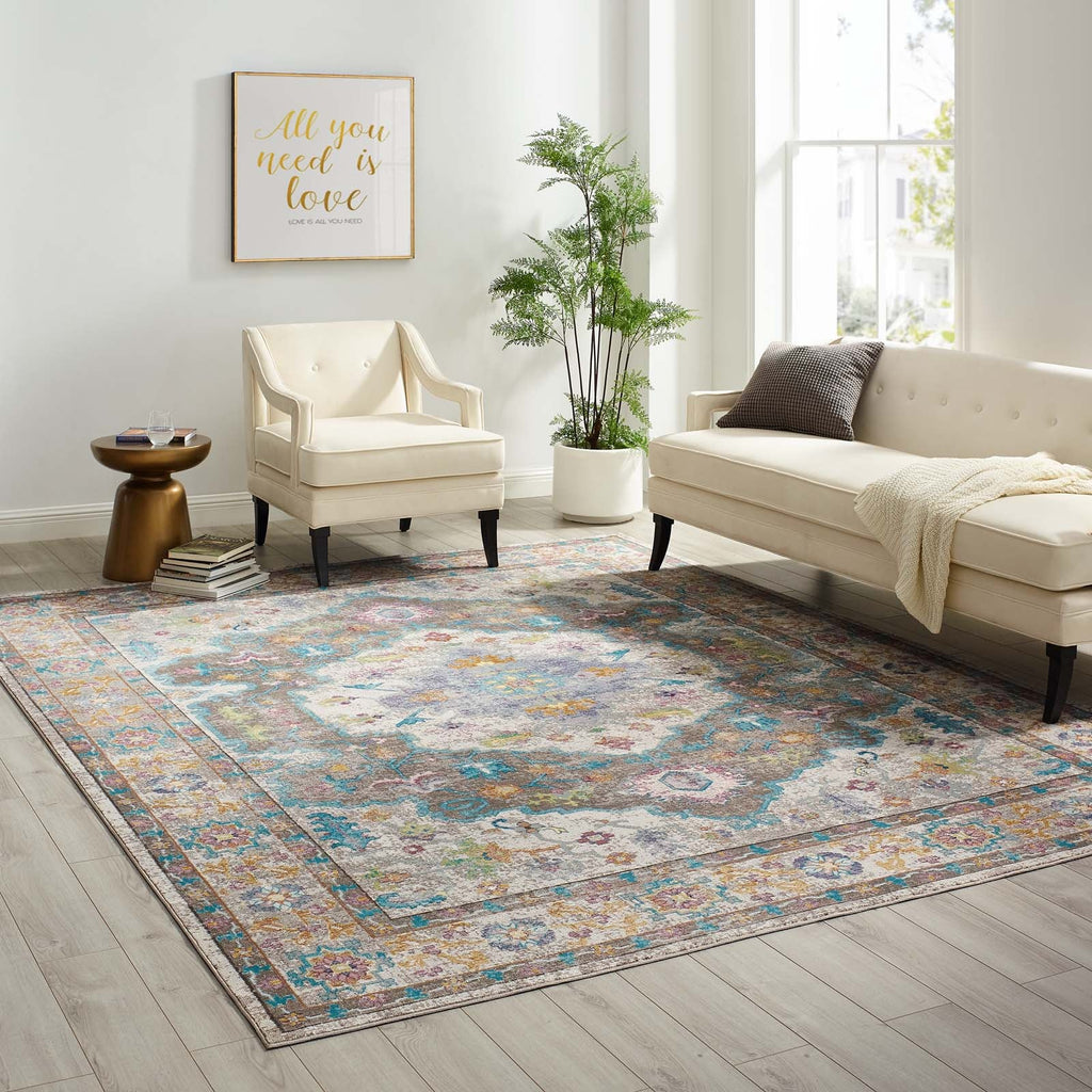 Success Anisah Distressed Floral Persian Medallion 8x10 Area Rug in Gray,Ivory,Yellow,Orange