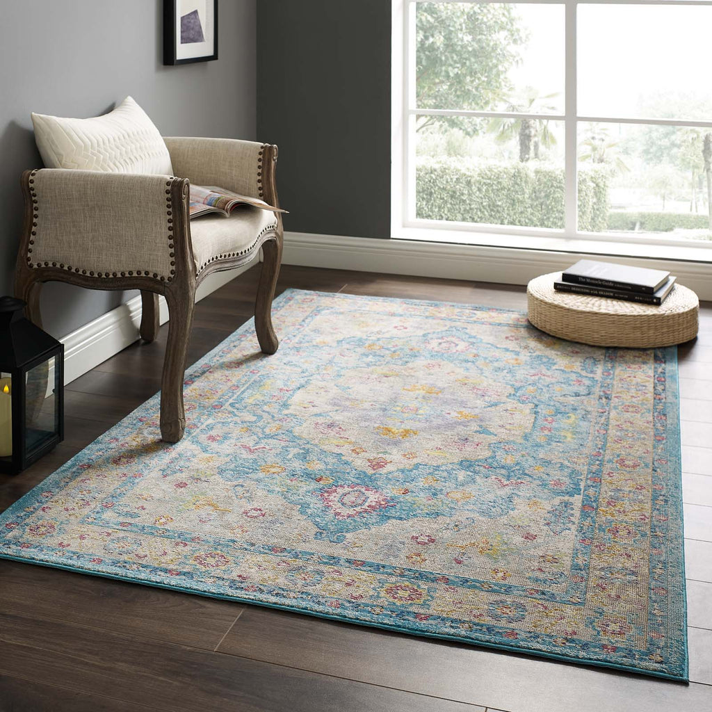 Success Anisah Distressed Floral Persian Medallion 4x6 Area Rug in Light Blue,Ivory,Yellow,Orange