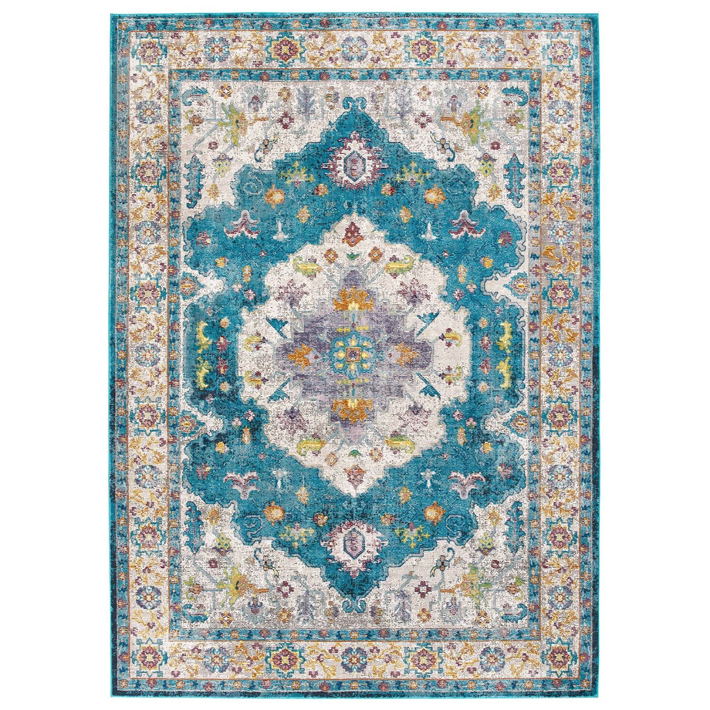 Success Anisah Distressed Floral Persian Medallion 8x10 Area Rug in Blue,Ivory,Yellow,Orange