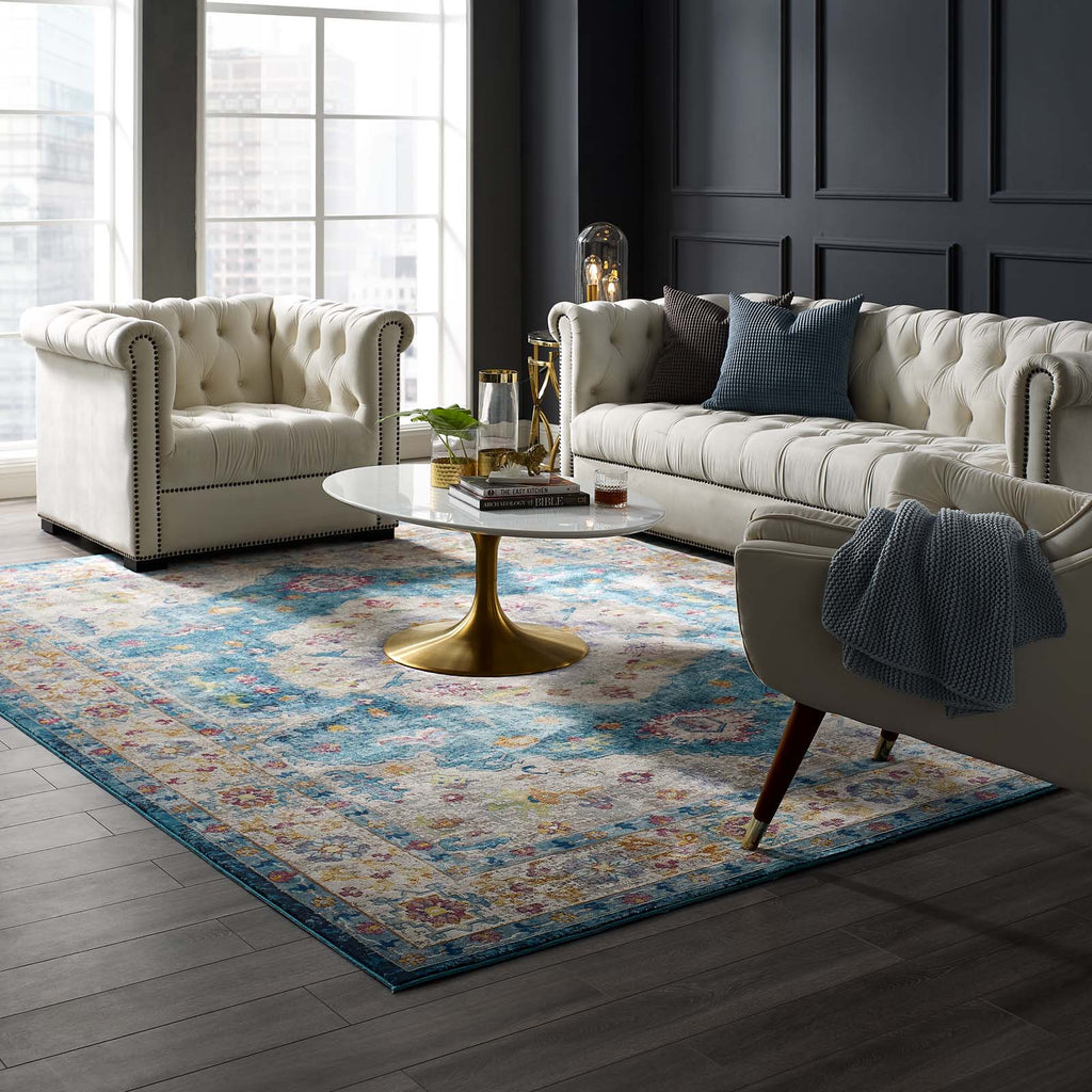 Success Anisah Distressed Floral Persian Medallion 8x10 Area Rug in Blue,Ivory,Yellow,Orange