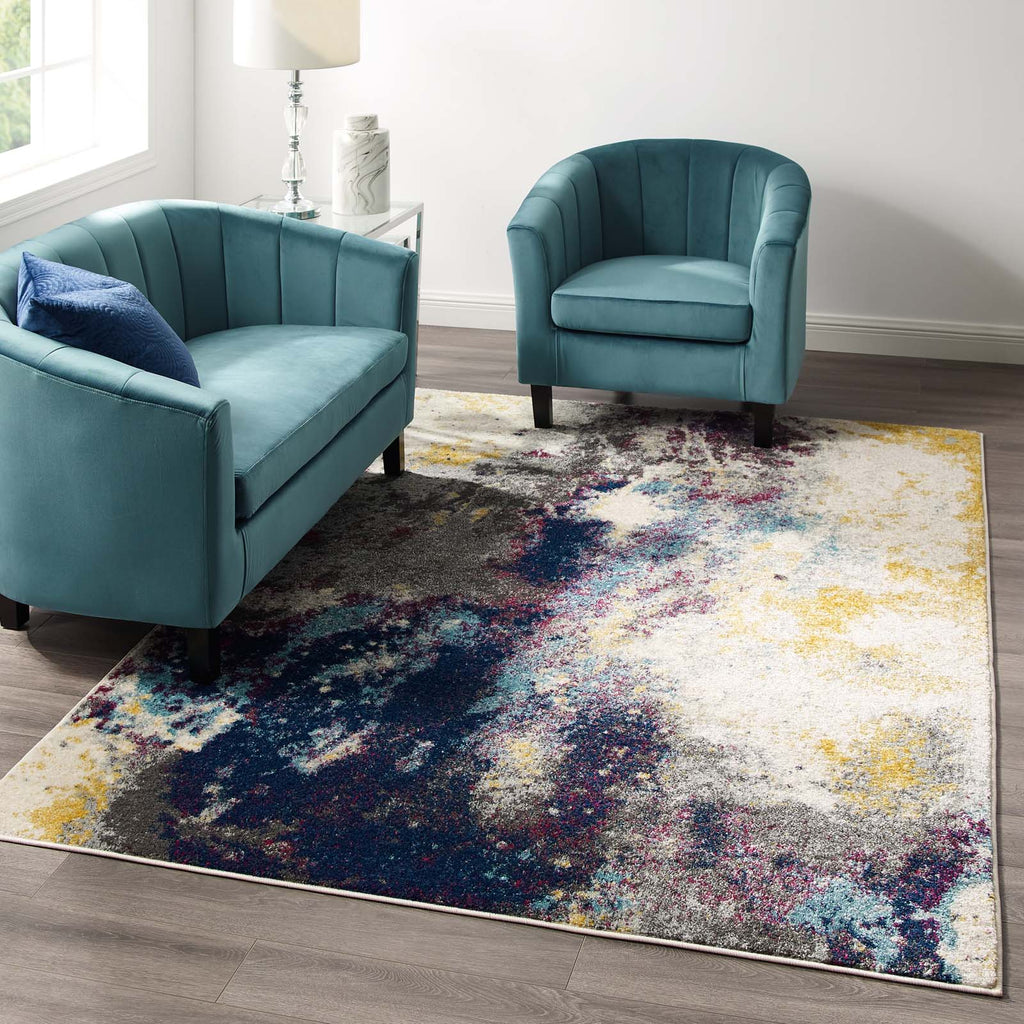 Entourage Adeline Contemporary Modern Abstract 5x8 Area Rug in Blue,Gray,Yellow,Ivory,Pink