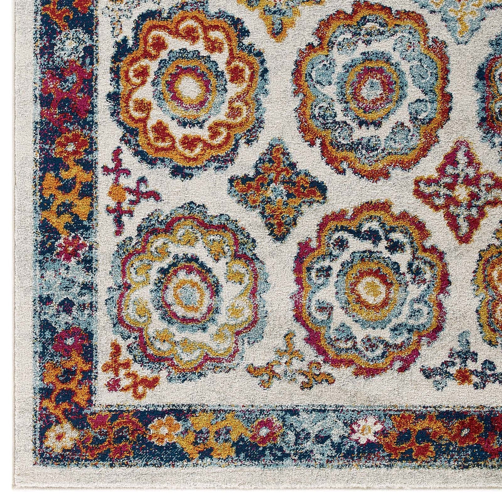 Entourage Odile Distressed Floral Moroccan Trellis 5x8 Area Rug in Ivory,Blue,Red,Orange,Yellow