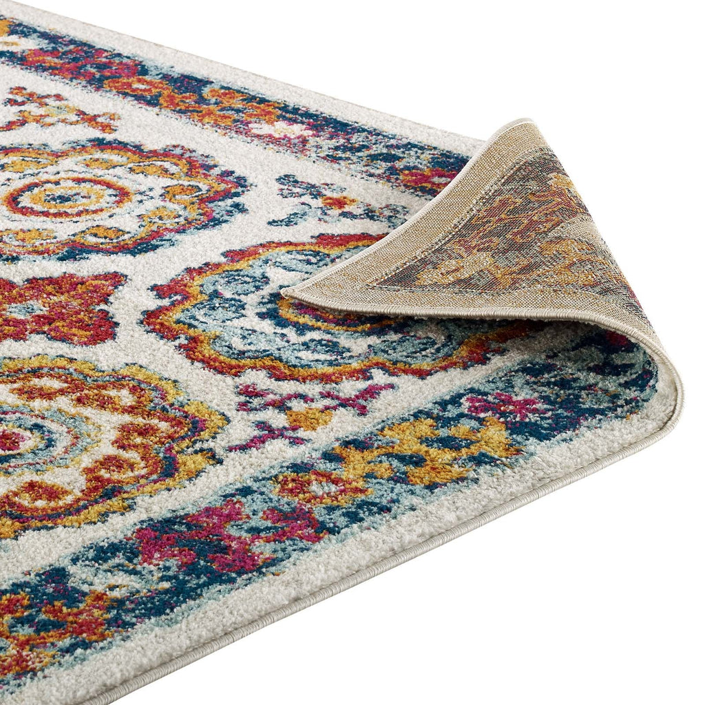Entourage Odile Distressed Floral Moroccan Trellis 5x8 Area Rug in Ivory,Blue,Red,Orange,Yellow