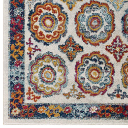 Entourage Odile Distressed Floral Moroccan Trellis 8x10 Area Rug in Ivory,Blue,Red,Orange,Yellow