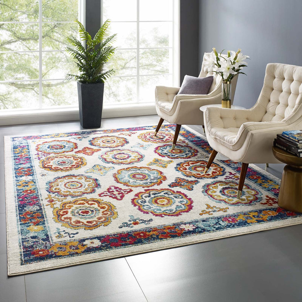 Entourage Odile Distressed Floral Moroccan Trellis 8x10 Area Rug in Ivory,Blue,Red,Orange,Yellow
