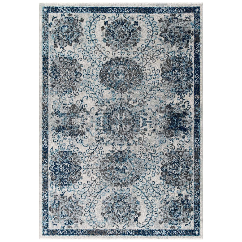 Entourage Kensie Distressed Floral Moroccan Trellis 5x8 Area Rug in Ivory and Blue