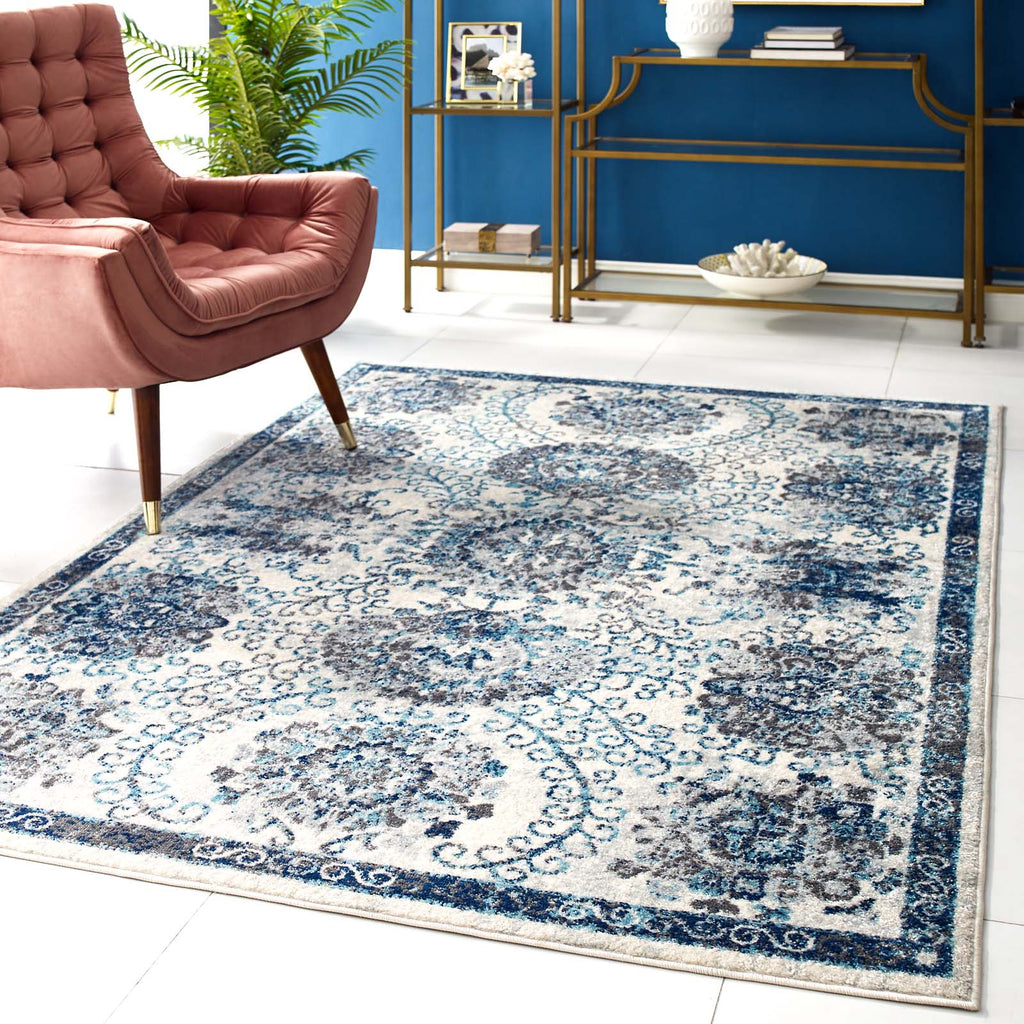 Entourage Kensie Distressed Floral Moroccan Trellis 5x8 Area Rug in Ivory and Blue