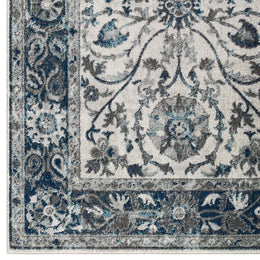 Entourage Samira Distressed Vintage Floral Persian Medallion 8x10 Area Rug in Ivory and Blue