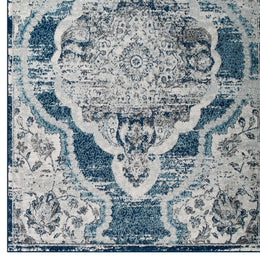 Entourage Malia Distressed Vintage Floral Persian Medallion 5x8 Area Rug in Ivory and Blue