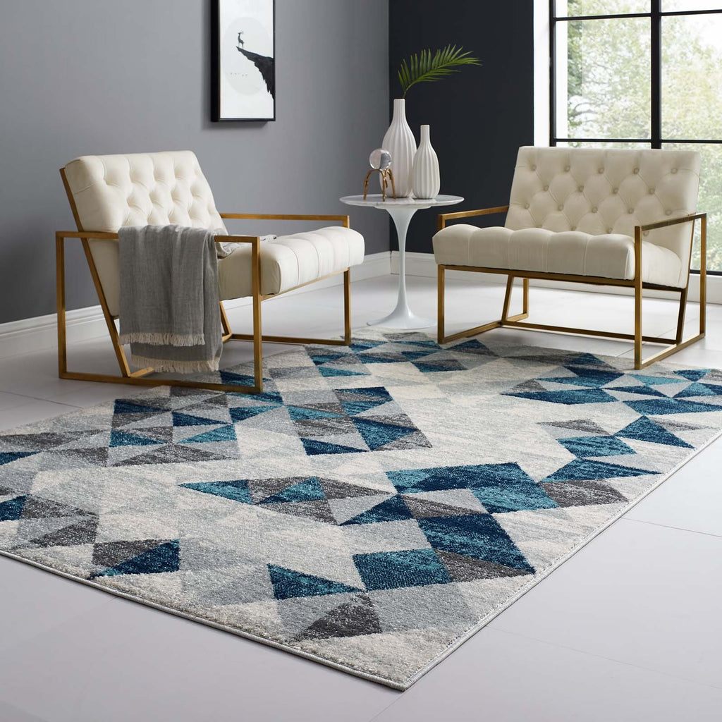 Entourage Elettra Distressed Geometric Triangle Mosaic 5x8 Area Rug in Gray and Blue