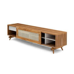 Plot Storage Console with Teak Finish and Cane-Webbing Sliding Door