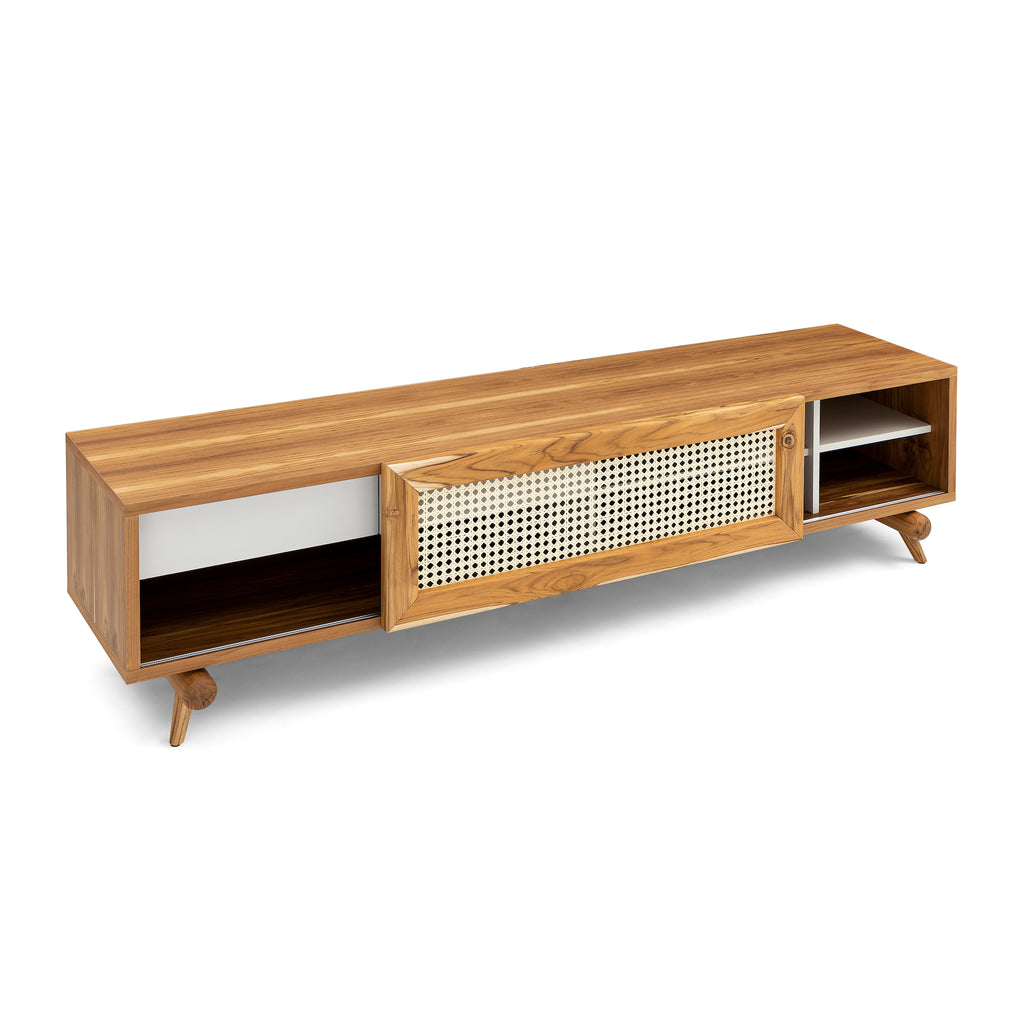 Plot Storage Console with Teak Finish and Cane-Webbing Sliding Door