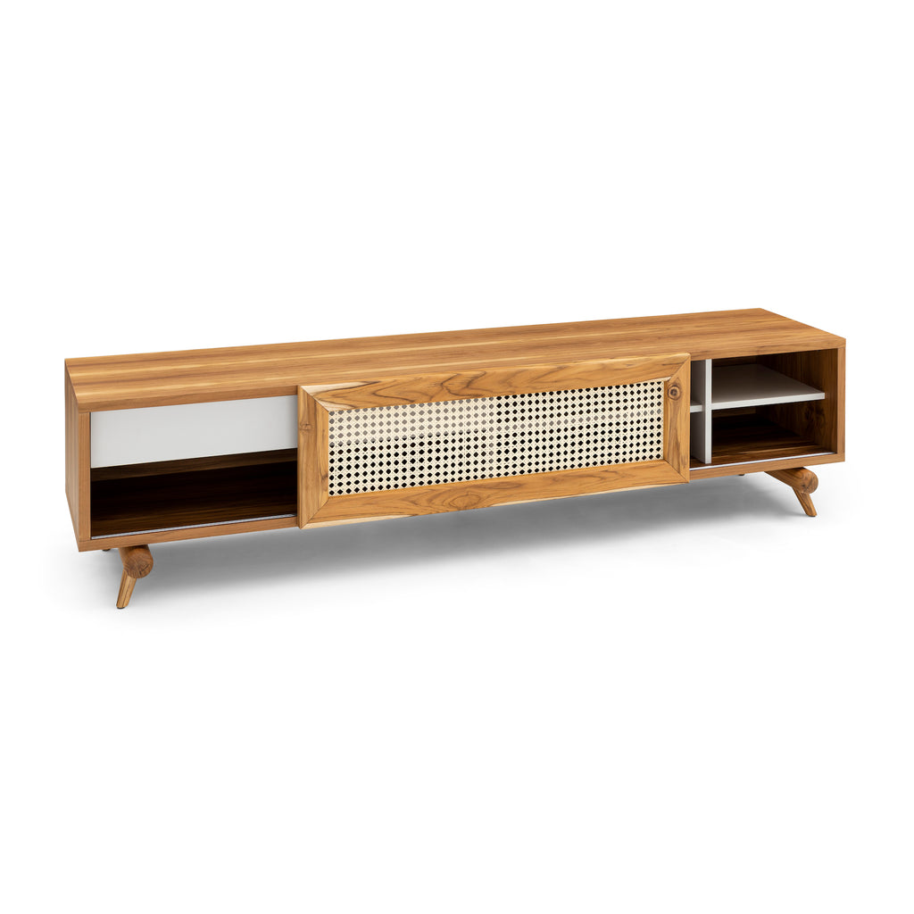 Plot Storage Console with Teak Finish and Cane-Webbing Sliding Door