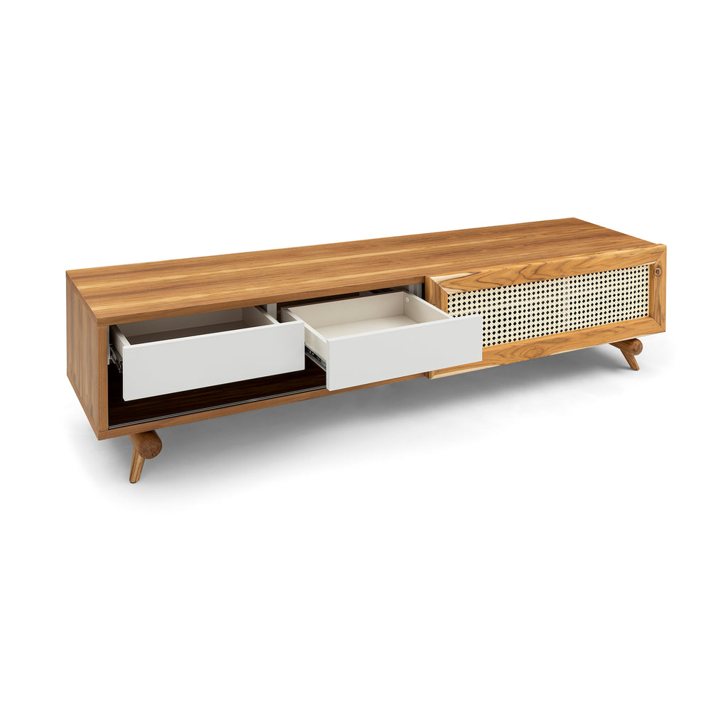 Plot Storage Console with Teak Finish and Cane-Webbing Sliding Door