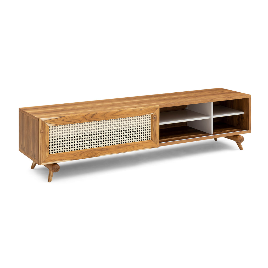 Plot Storage Console with Teak Finish and Cane-Webbing Sliding Door