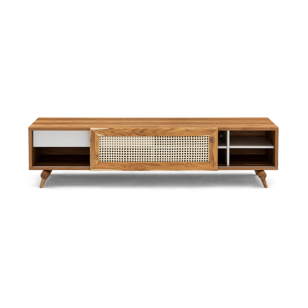 Plot Storage Console with Teak Finish and Cane-Webbing Sliding Door