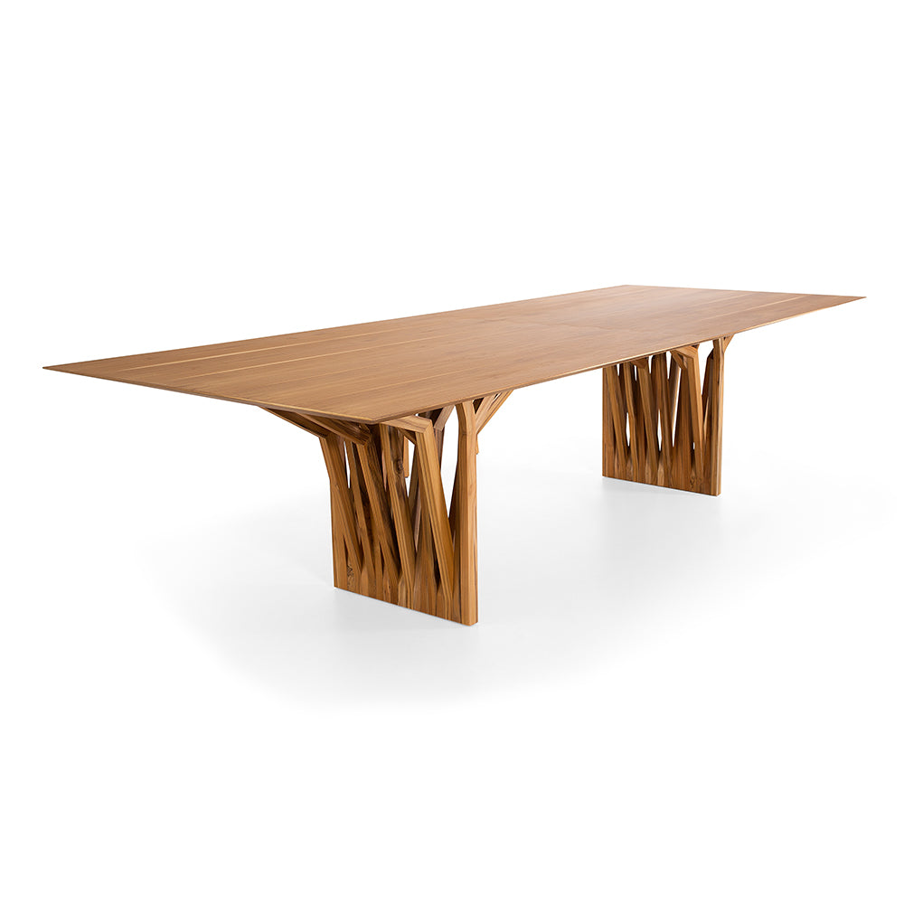 98" Radi Dining Table with a Teak Veneer Table Top & Roofing Anchor Table Base