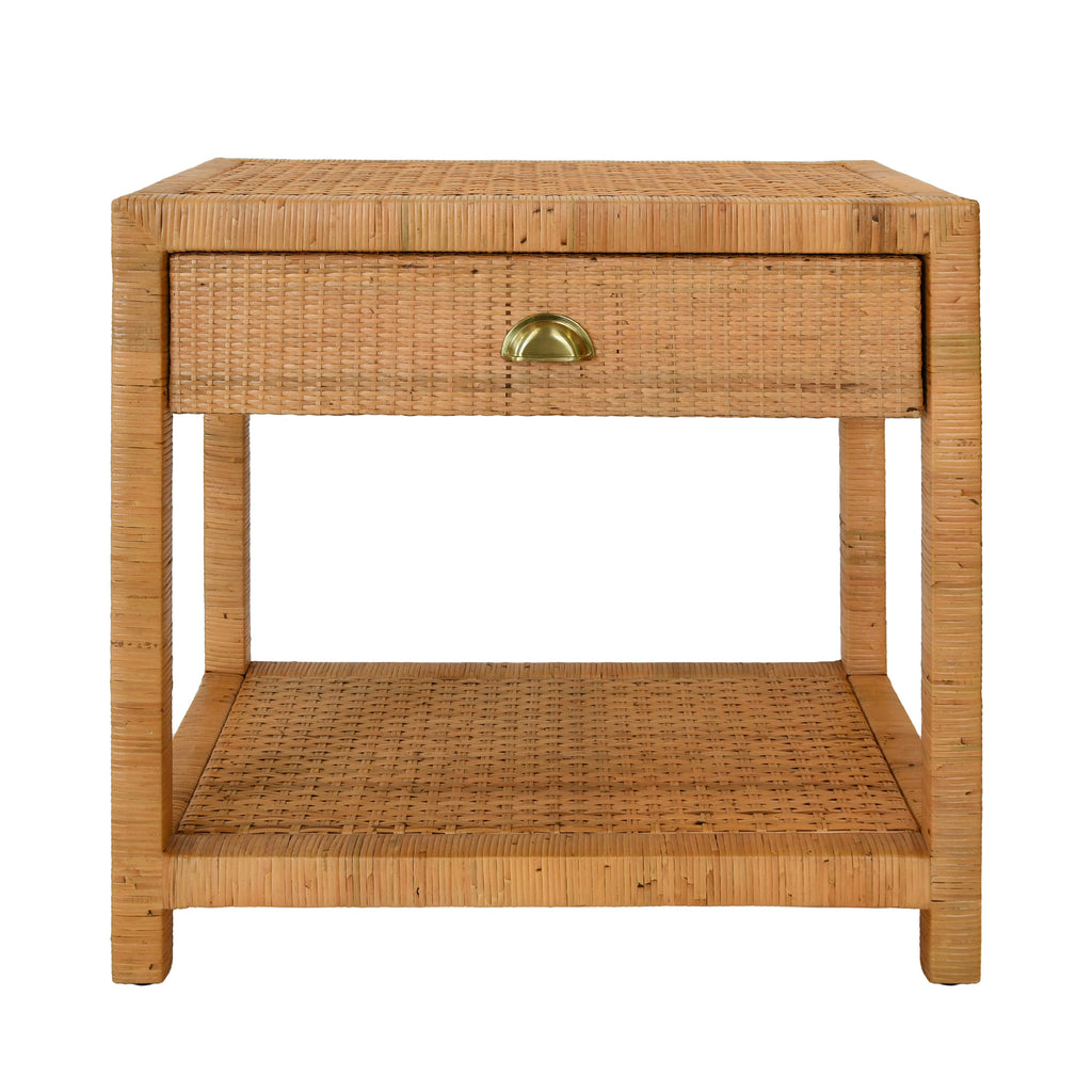 One Drawer End Table In Rattan With Brushed Brass Cup Pull