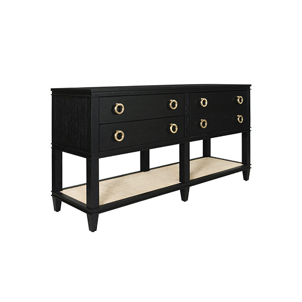 Four Drawer Console With Open Cane Shelf In Black Oak