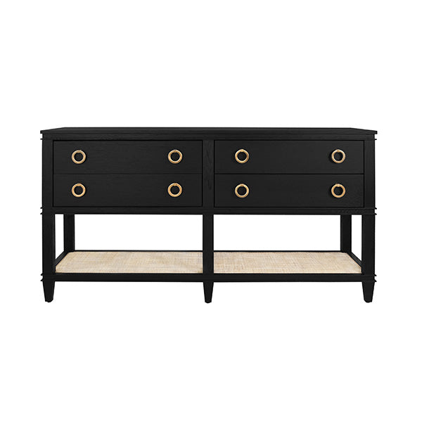 Four Drawer Console With Open Cane Shelf In Black Oak