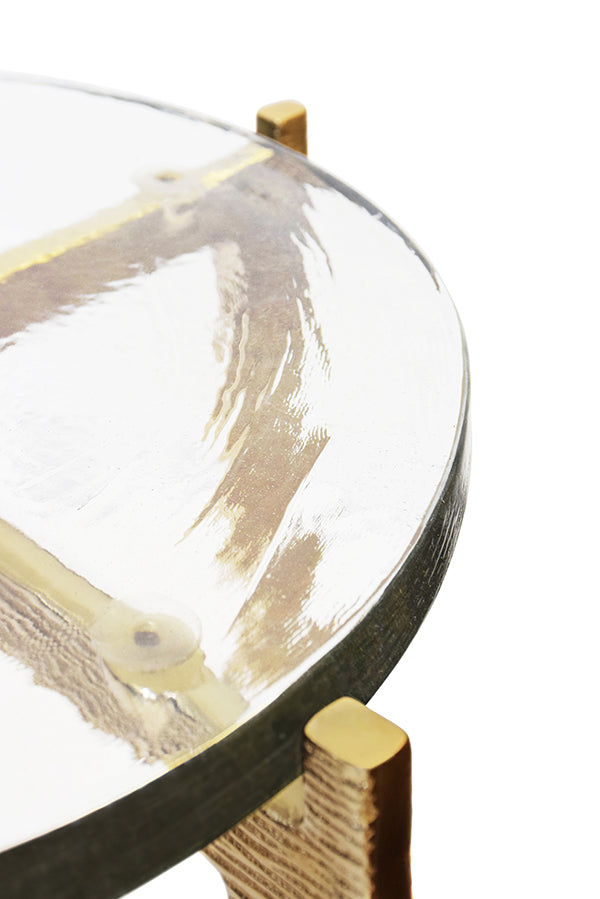 Round Side Table With Hammered Brass Base And Thick Poured Glass Top