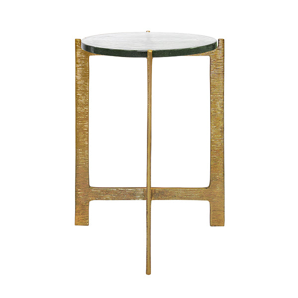 Round Side Table With Hammered Brass Base And Thick Poured Glass Top