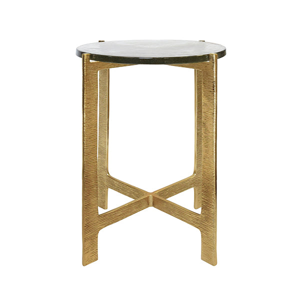 Round Side Table With Hammered Brass Base And Thick Poured Glass Top