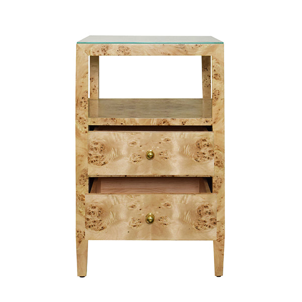 Two Drawer Side Table In Burl Wood With Polished Brass Knobs