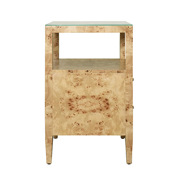 Two Drawer Side Table In Burl Wood With Polished Brass Knobs