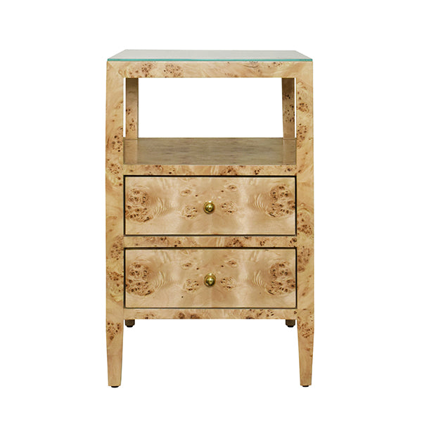 Two Drawer Side Table In Burl Wood With Polished Brass Knobs