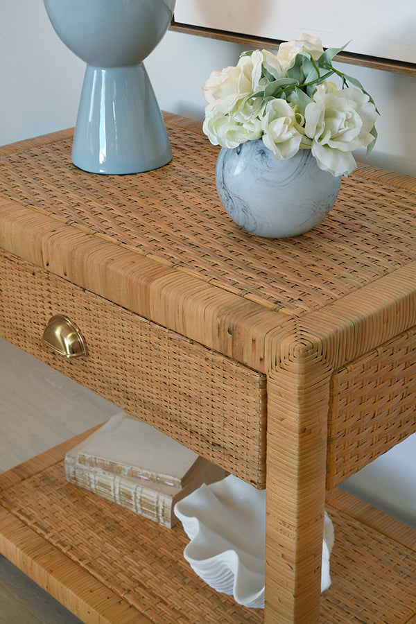 One Drawer End Table In Rattan With Brushed Brass Cup Pull