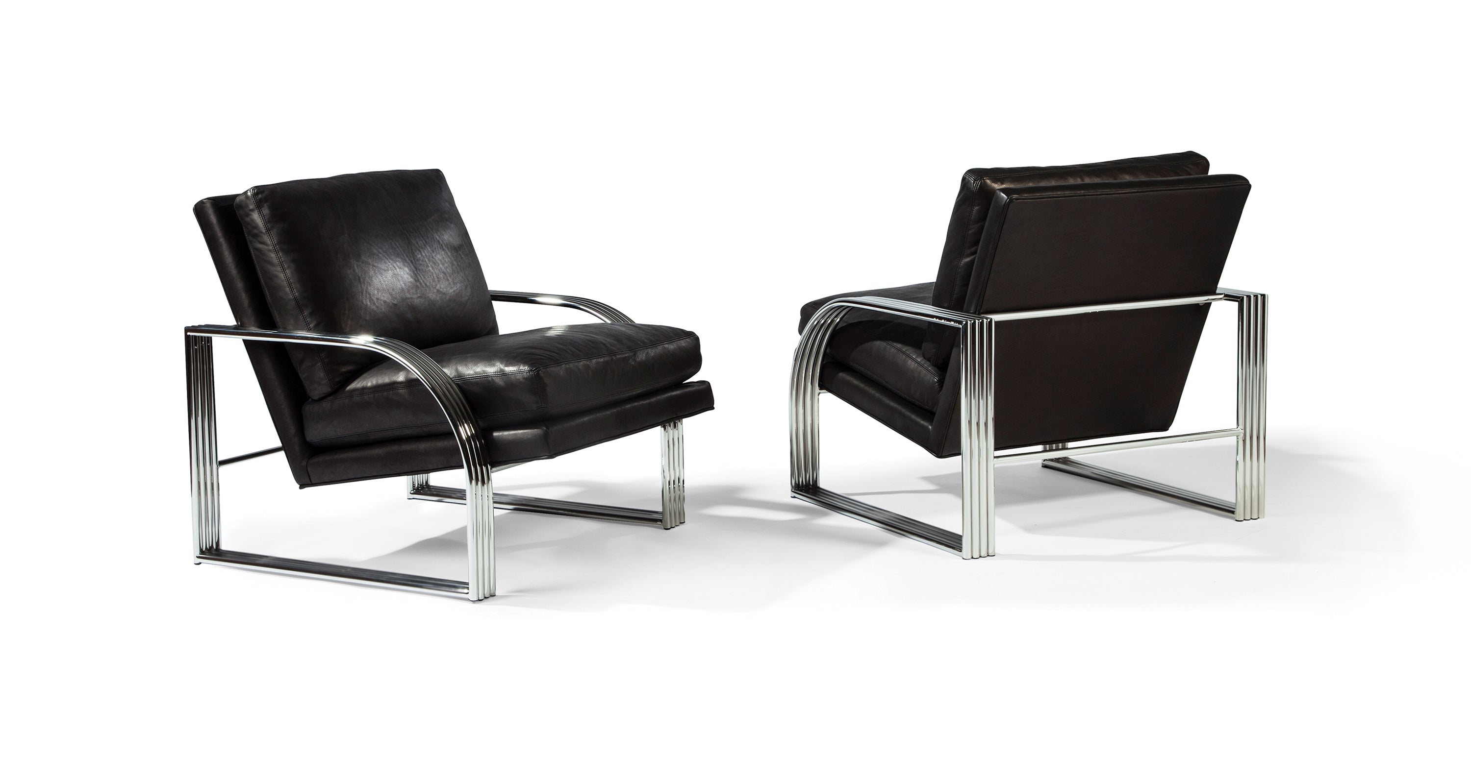 Reynolds Lounge Chair In Black Leather With Polished Stainless Steel Frame