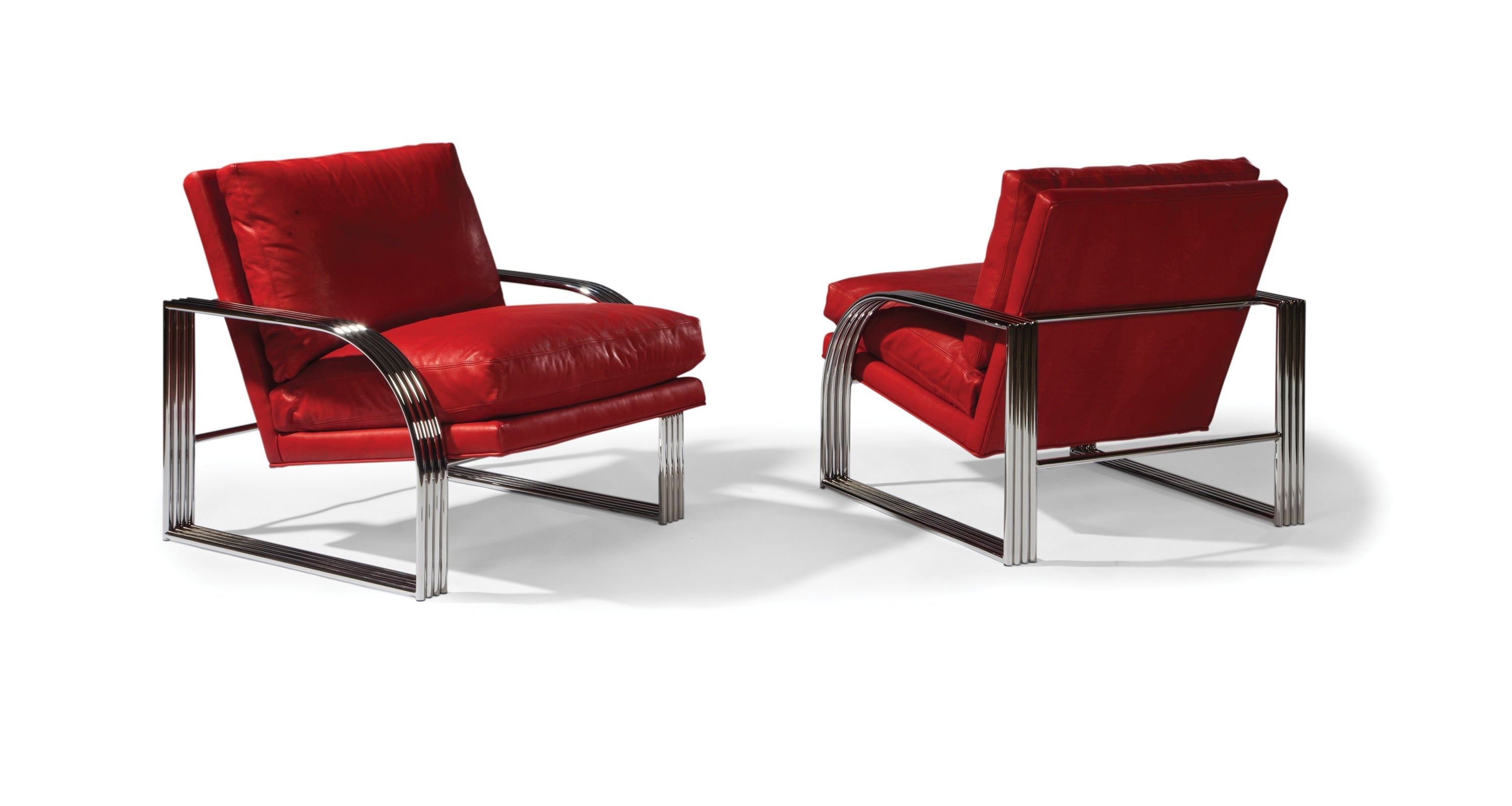 Reynolds Lounge Chair In Red Leather With Polished Stainless Steel Frame