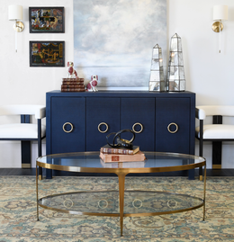 Two Tier Glass Top Oval Coffee Table In Antique Brass