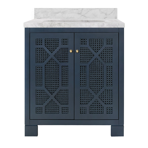 Bath Vanity In Matte Navy Lacquer With Cane Front Doors