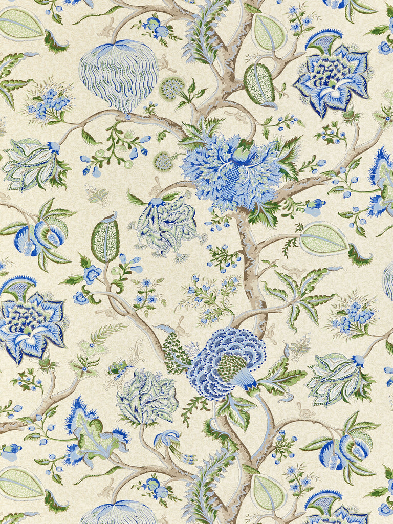 Pondicherry Cotton Print - Blue, Green On Cream